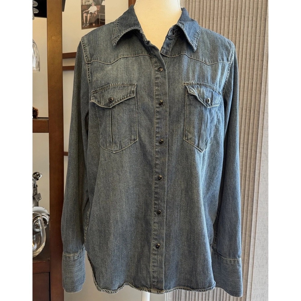 Nili Lotan Pearl Snap Denim Shirt Medium Blue Cowgirl Western Country